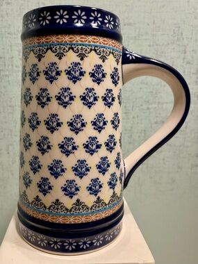 KAOLA STUDIO POLISH POTTERY Blue and Cream Ceramic Patterned Beer Stein Mug